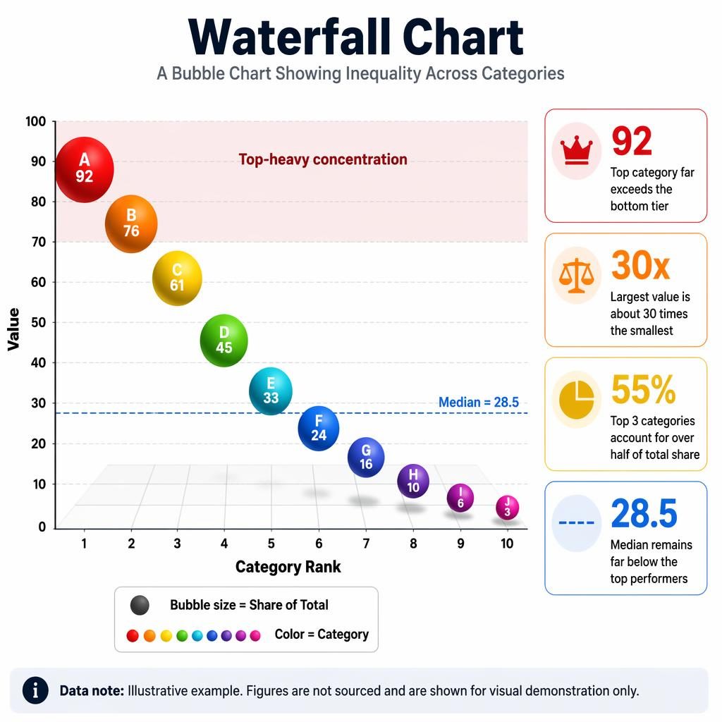 Minimal dataviz bubble chart infographic showing 10 ranked categories, values 92 to 3, share-sized rainbow bubbles and insights.