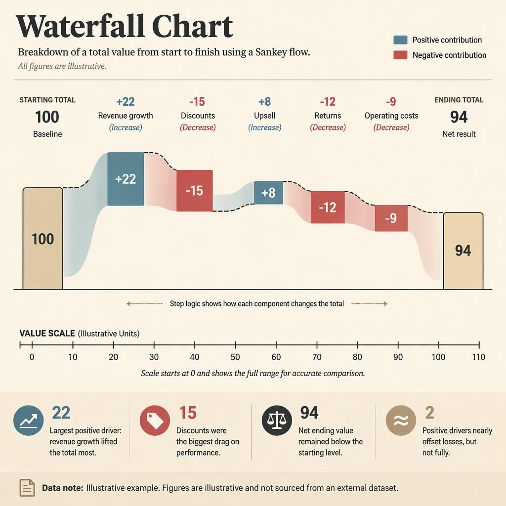 Editorial waterfall chart infographic with Sankey-style flows, illustrative values from 100 to 94, callouts, scale, and data note.