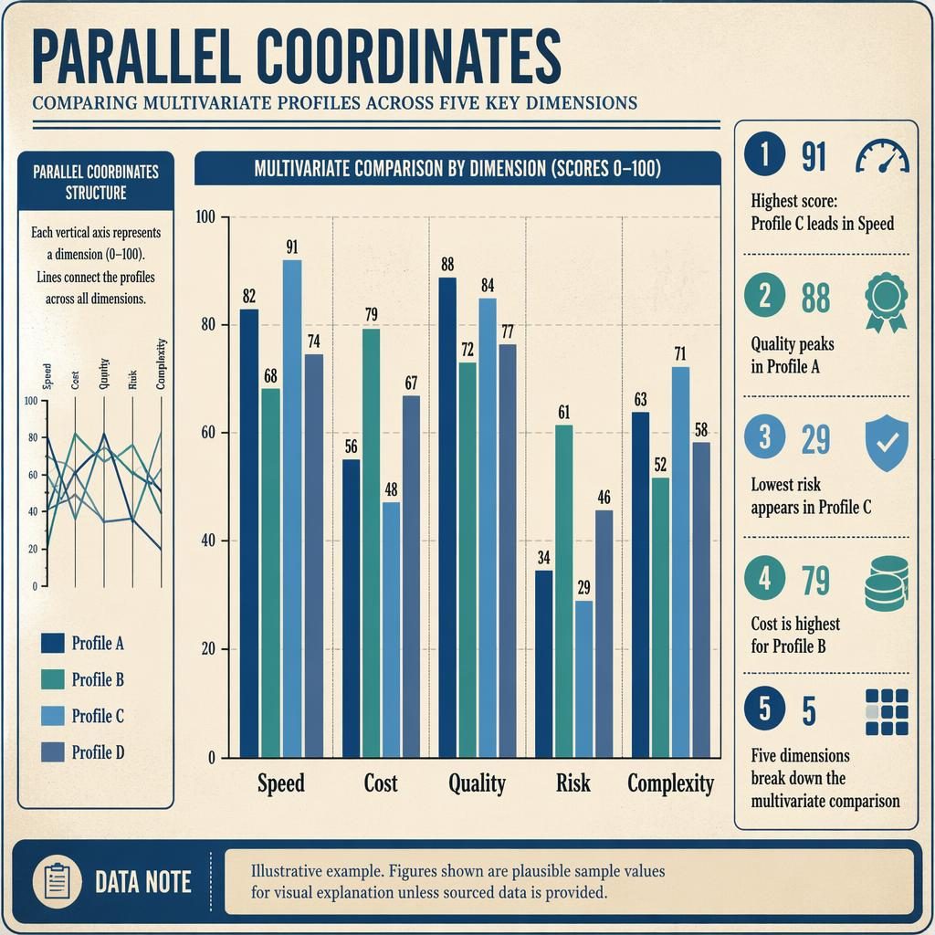 Retro-style infographic with grouped comparison columns for 5 dimensions, 4 profiles, legend, callouts, and mini parallel coordinates panel.