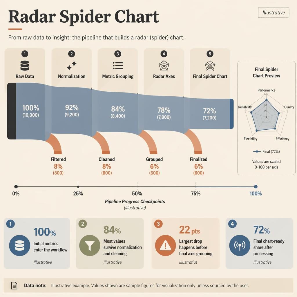 Editorial infographic with a left-to-right sankey pipeline and radar chart preview, showing progress from Raw Data to Final Spider Chart.