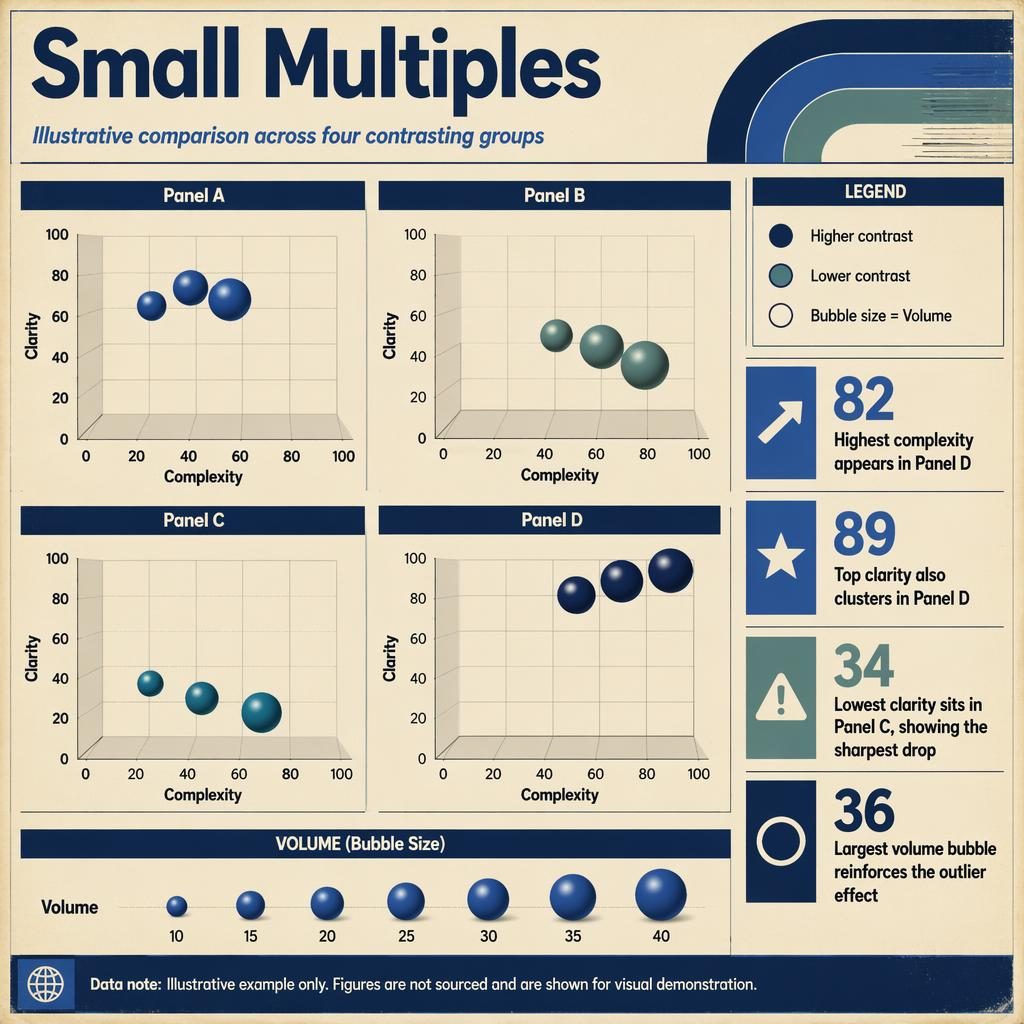 Small-multiples bubble chart infographic with four labeled panels A-D, axes Complexity and Clarity, Volume legend and callouts.