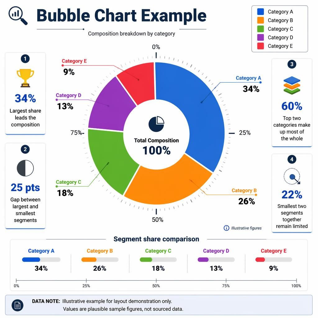 Minimal donut chart infographic with five labeled categories, percentages, callouts, mini legend, and comparison strip.