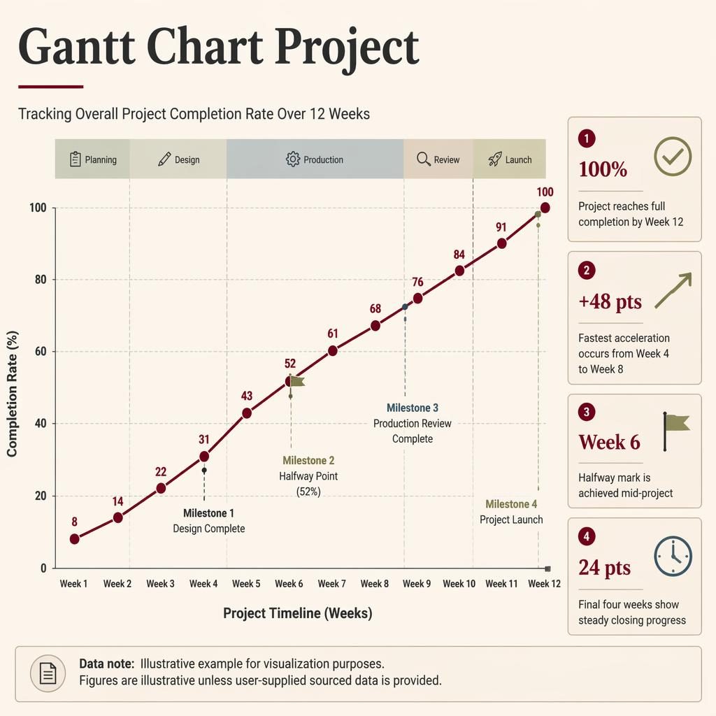 Editorial infographic with a 12-week project completion trend line, milestone labels, phase bands, and side insights.