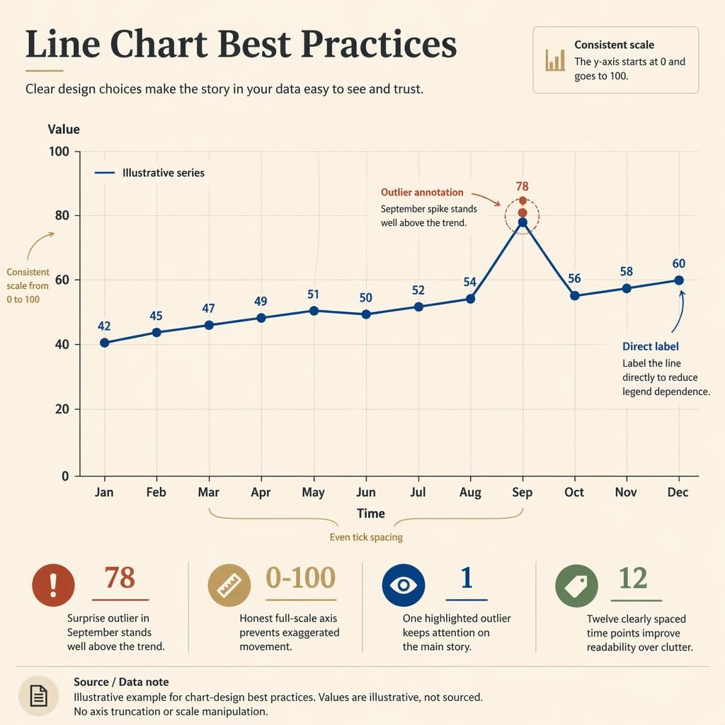Editorial infographic on warm beige showing a time-series line chart, September outlier, callouts, and chart design tips.