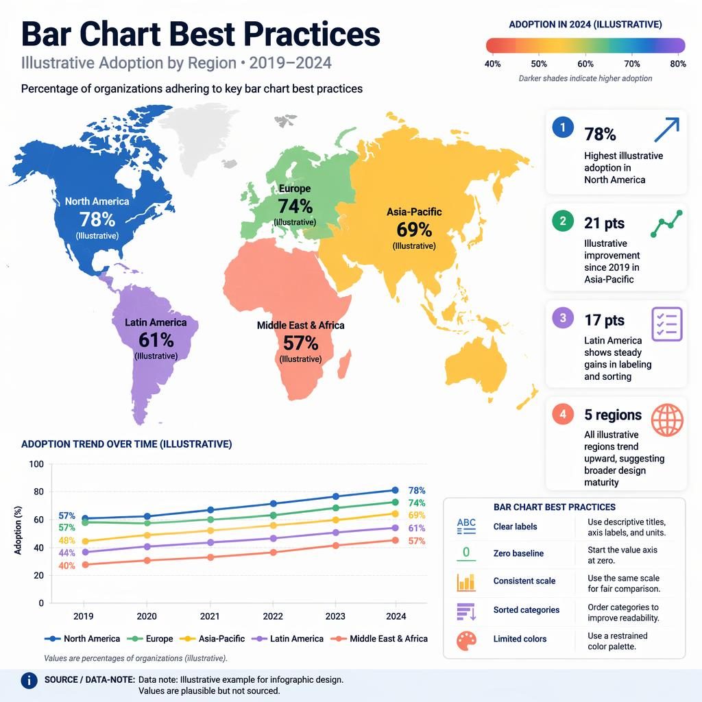Choropleth world map infographic on bar chart best practices with regional values, trend legend, and 4 insight callouts.