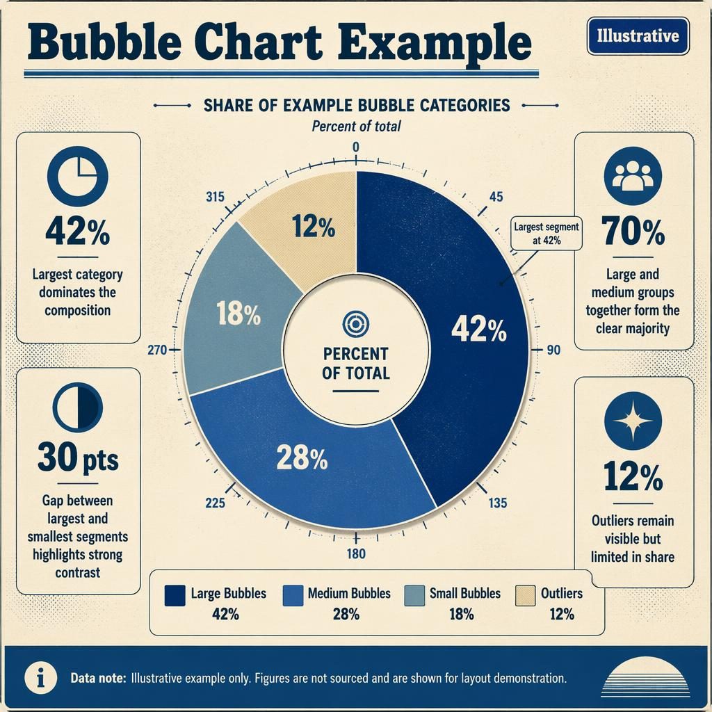 Retro editorial donut chart infographic showing bubble category shares: 42%, 28%, 18%, and 12% with callouts and legend.