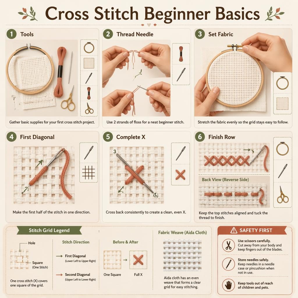 DIY-Infografik zu Cross-Stitch-Basics mit 6 Schritten, Stickrahmen, Aida-Stoff, Nadel, Garn, Schere und Sicherheitshinweis.