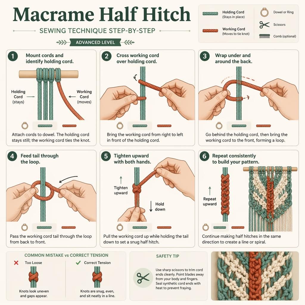 Minimal craft infographic showing 6 numbered steps for a macrame half hitch knot with cords, arrows, hand positions, and icons.