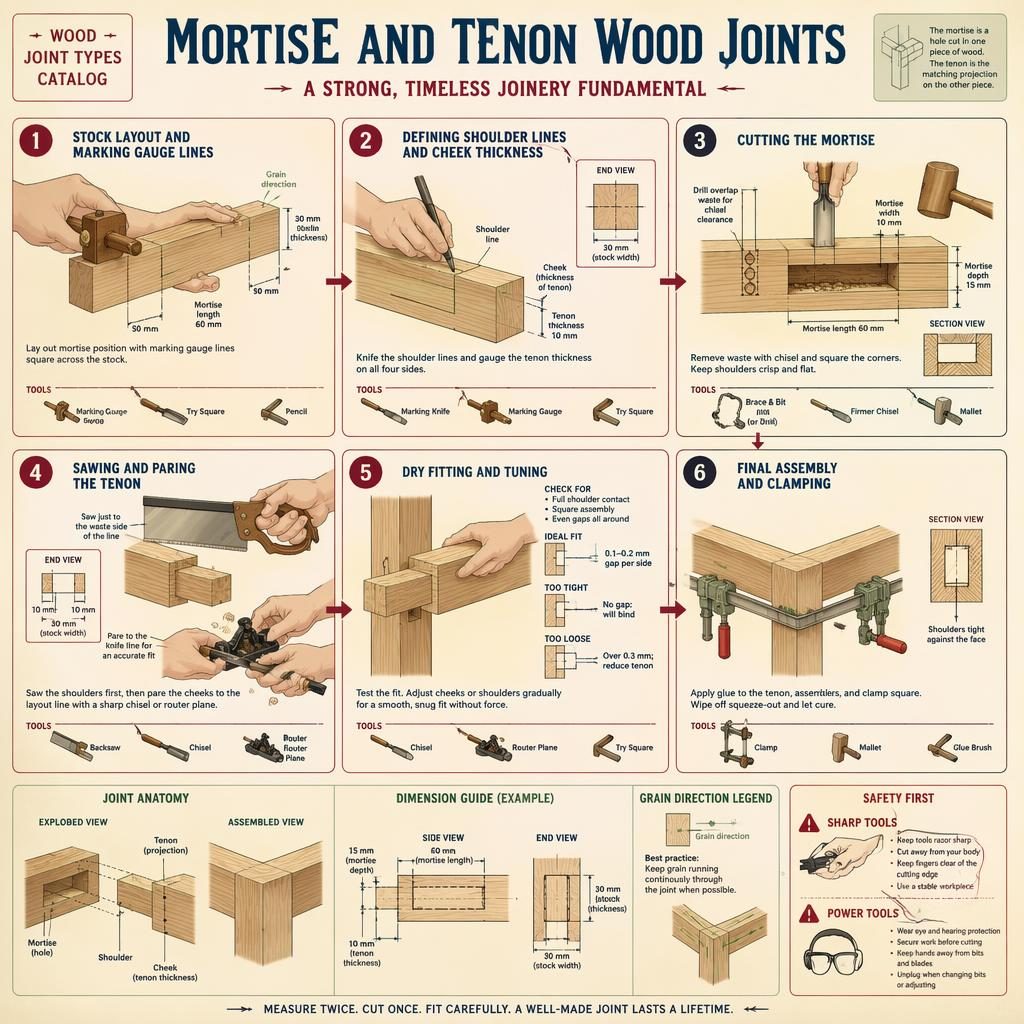 Vintage-style woodworking infographic with 6 numbered mortise and tenon steps, tool icons, arrows, section views, and safety tips.