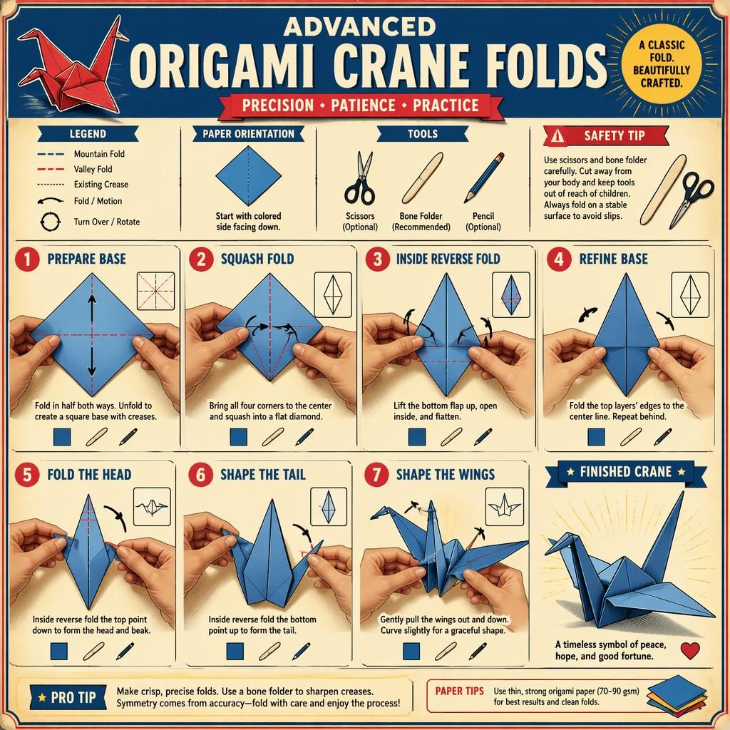 Vintage-style origami crane folding infographic with 7 numbered steps, hand diagrams, fold arrows, legends, tool icons, and final crane render.