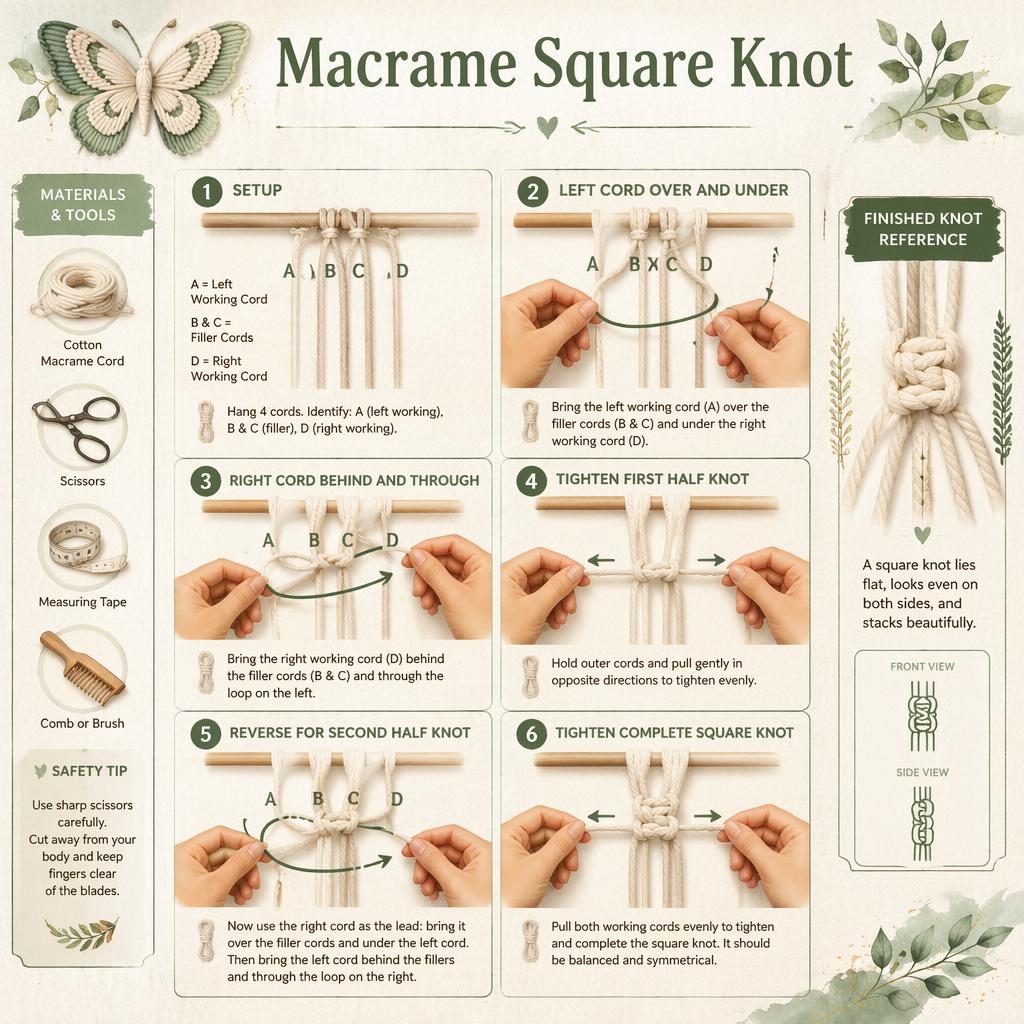 Aquarell-Infografik mit 6 Schritten zum Makramee Square Knot, Hände, Baumwollkordeln, Pfeile, Icons und fertigem Knoten.