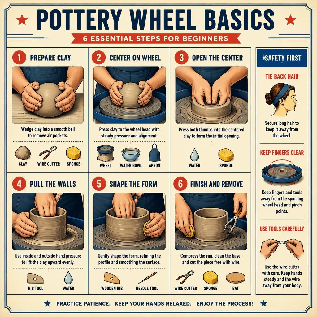 Vintage-style pottery wheel basics infographic with 6 numbered steps, tool icons, safety tip panel, and cream background.