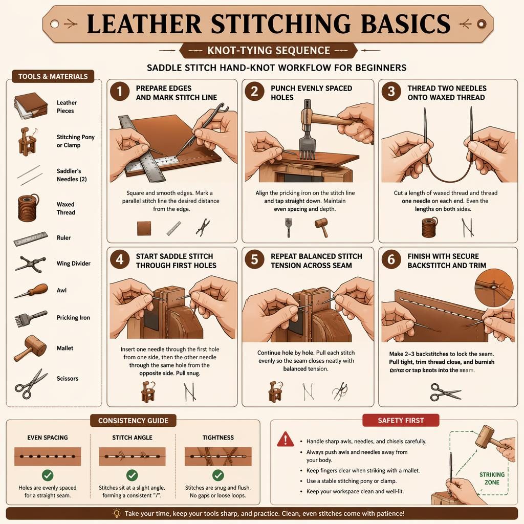 Beginner leather stitching infographic with 6 numbered panels, hand positions, tool icons, safety tip, and stitch spacing inset.