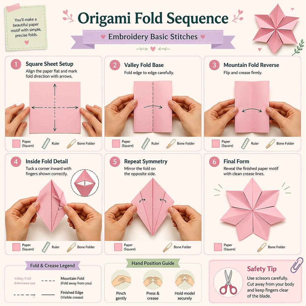 Pastel craft infographic with 6 numbered origami fold steps, hand positions, arrows, tool icons, and safety tip panel.