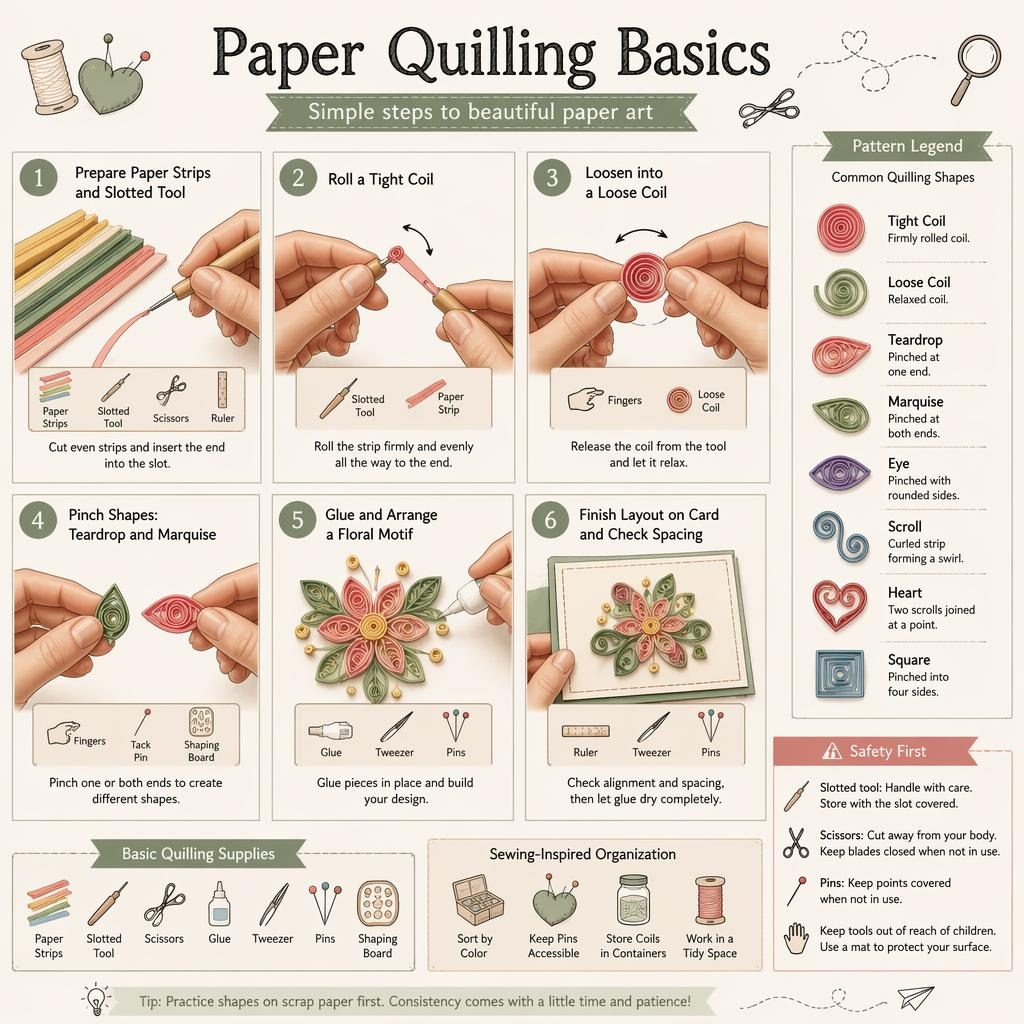 Sketchnote infographic with 6 paper quilling steps, shape legend, safety tip, floral card layout, and tool icons.