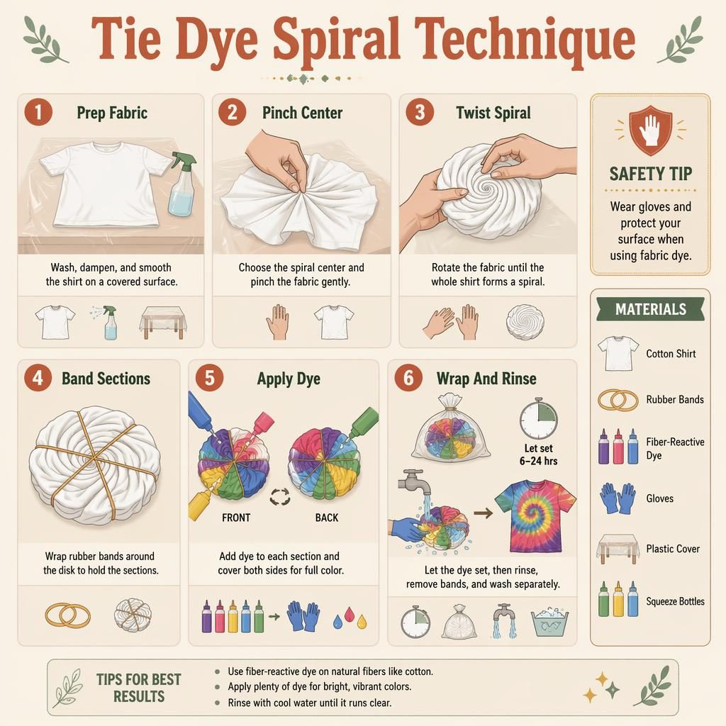Minimal flat infographic shows 6 tie-dye spiral steps with hands, tools, captions, safety tip, and materials legend.