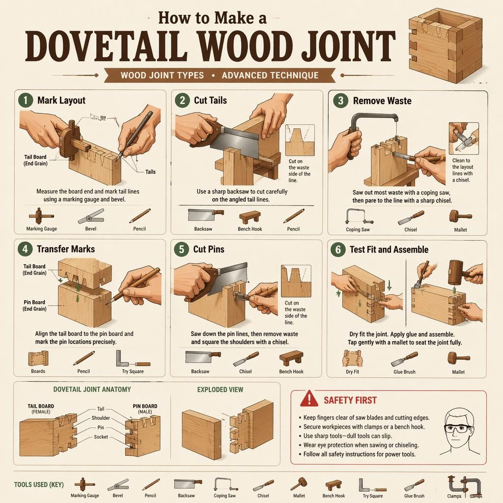 Minimalistische DIY-Infografik mit 6 nummerierten Schritten zur Schwalbenschwanzverbindung, Werkzeugicons und Sicherheitshinweis.