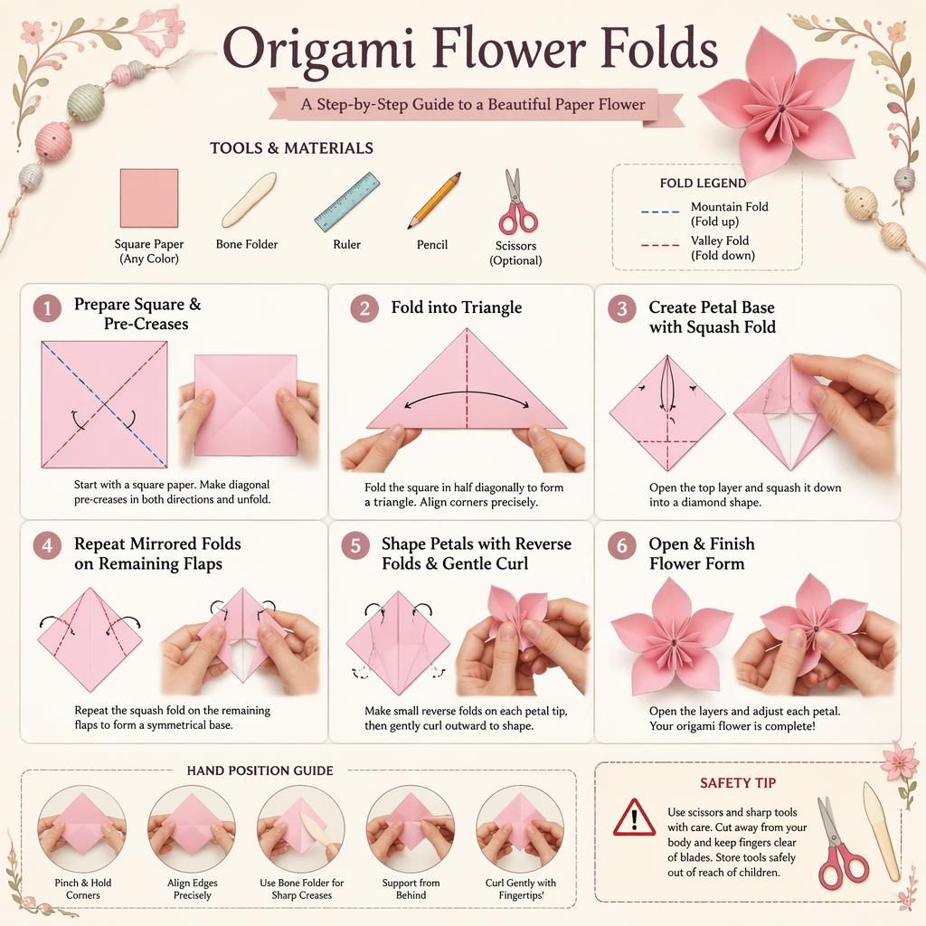 Pastel DIY infographic showing 6 numbered origami flower folds with arrows, hand guidance, tool icons, and safety tip.