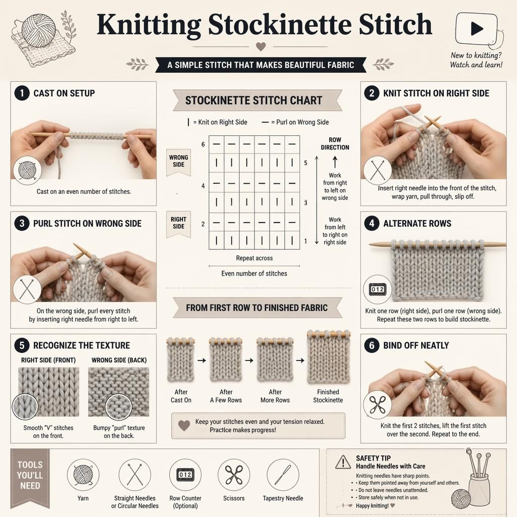 Beginner knitting stockinette stitch infographic with 6 numbered steps, stitch chart grid, swatch textures, tools, and safety tip.