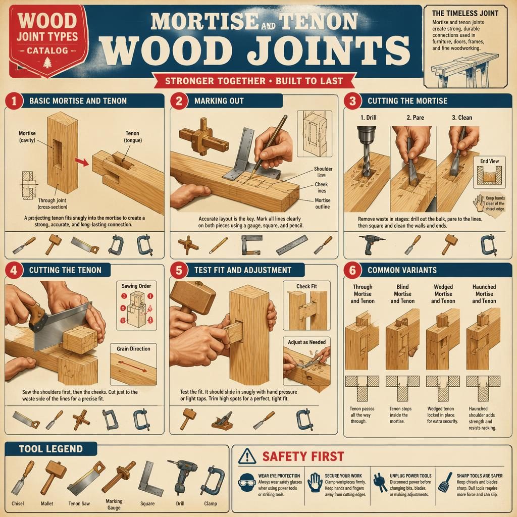 Vintage-style woodworking infographic with 6 numbered panels showing mortise and tenon joints, tools, diagrams, and safety tip