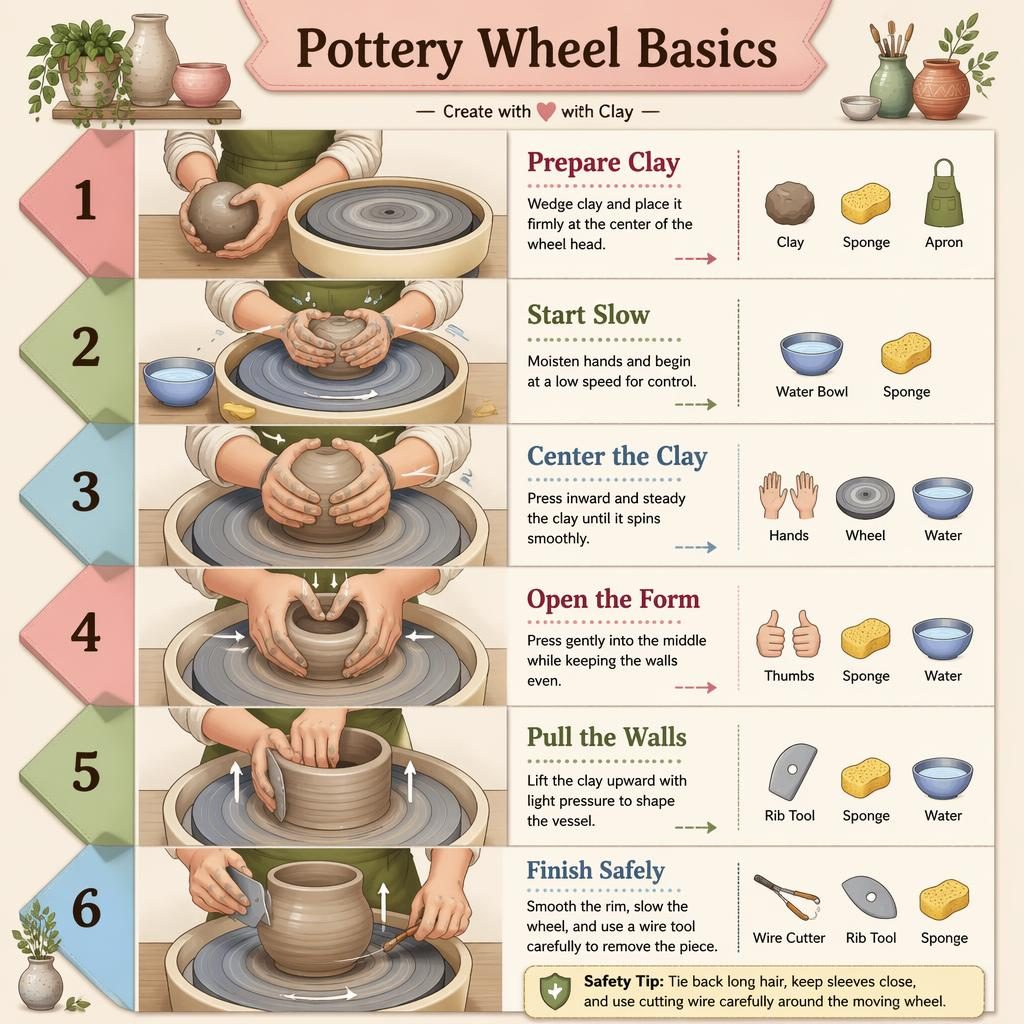 Vertical 6-step pottery wheel basics infographic with hand diagrams, pastel craft layout, tool icons, captions, and safety note.