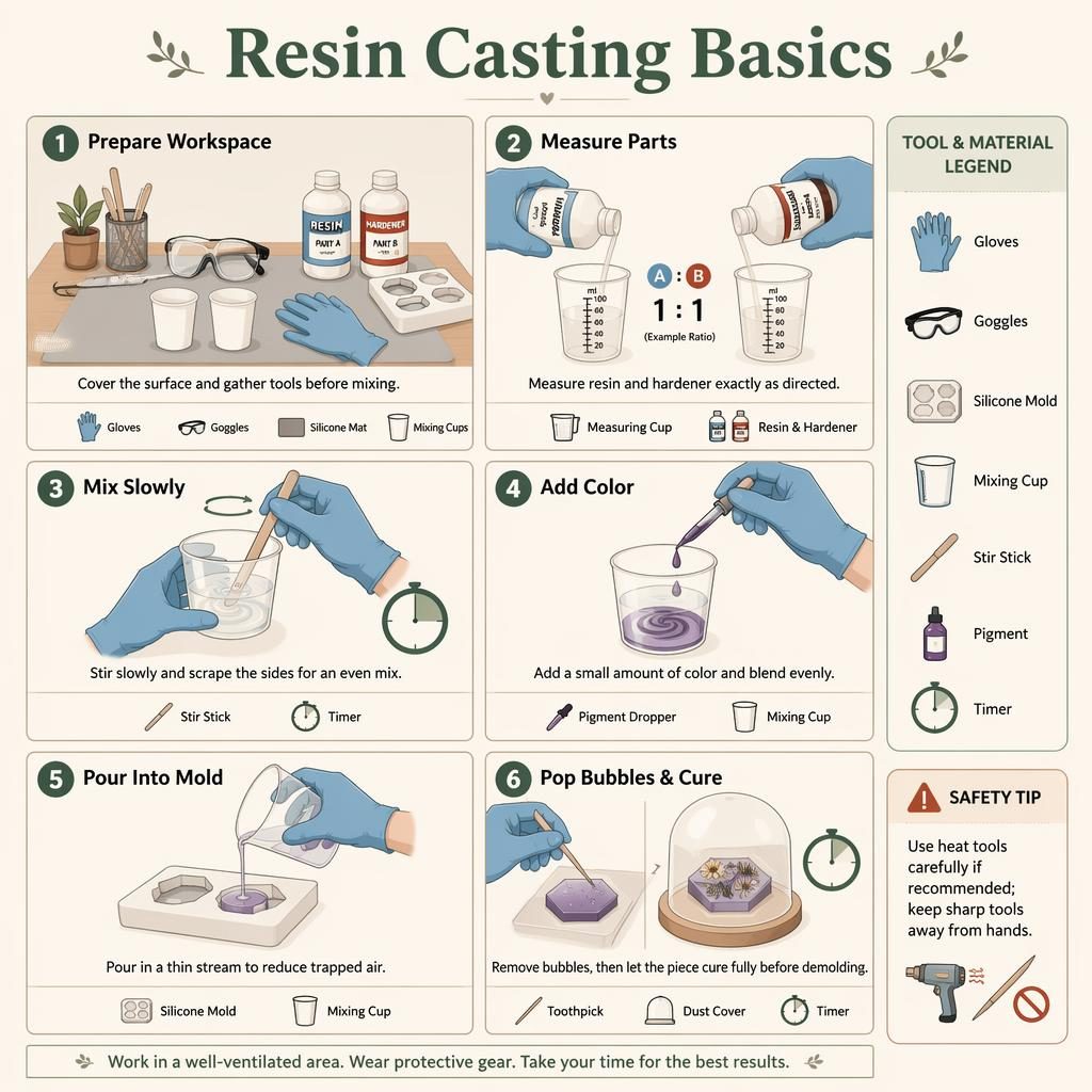 Portrait DIY infographic showing 6 numbered resin casting basics steps with tools, hands, captions, and safety icons.
