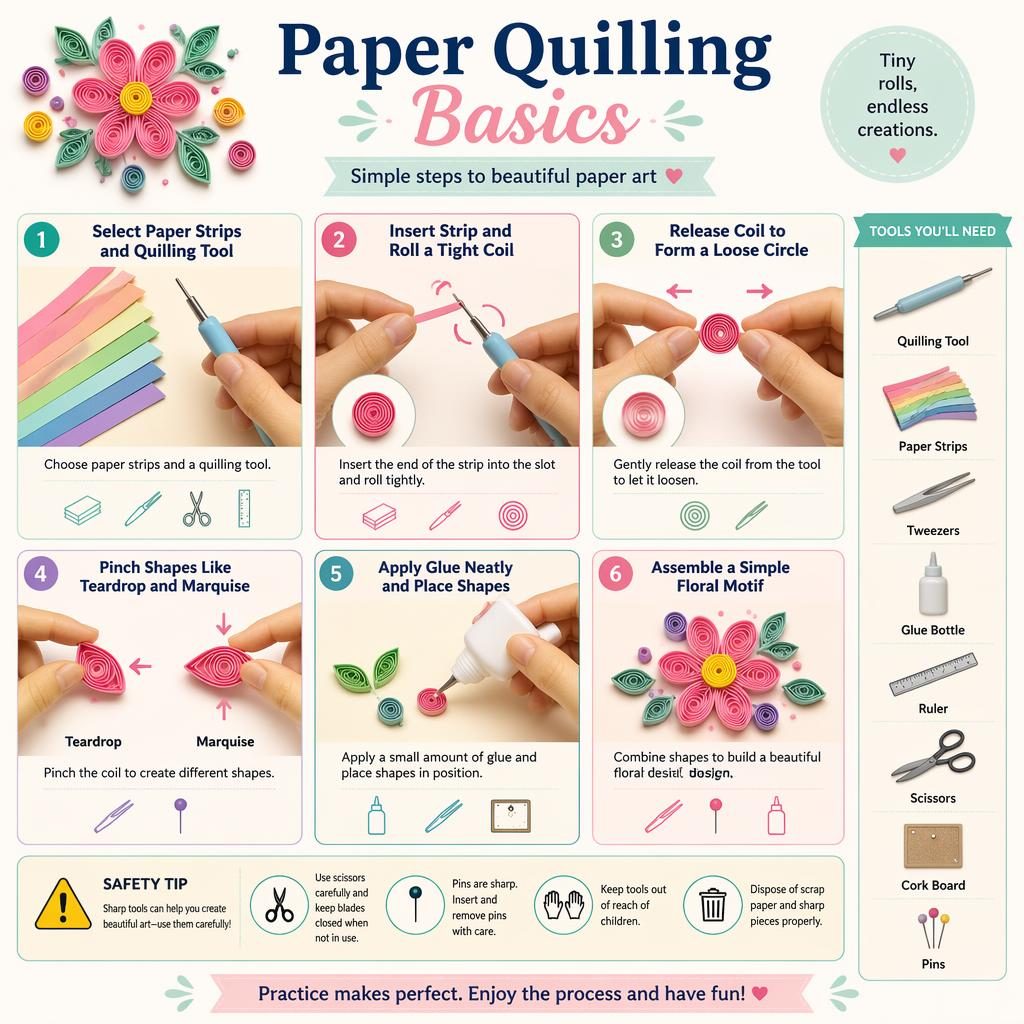 Pastel craft infographic showing 6 numbered paper quilling steps, tool icons, floral motif, arrows, and a safety tip panel.