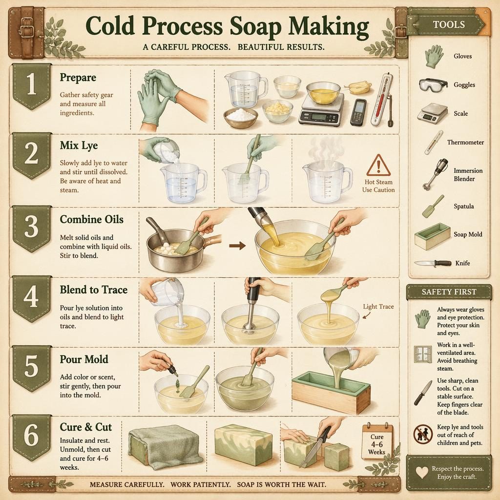 Watercolor infographic of cold process soap making with 6 vertical steps, hands, tools, safety tip panel, sage and cream palette.