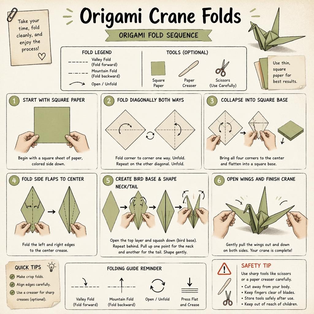 Infografik im DIY-Stil mit 6 nummerierten Origami-Faltschritten, Handzeichnungen, Legende für Faltlinien und Sicherheitshinweis.