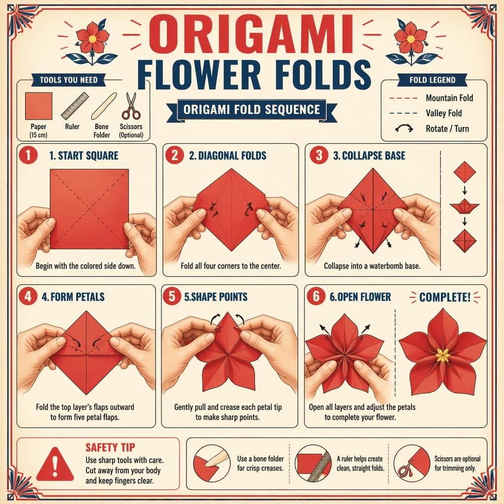 Vintage-style origami flower infographic with 6 numbered fold steps, hand diagrams, arrows, symbols, labels, and final flower view.