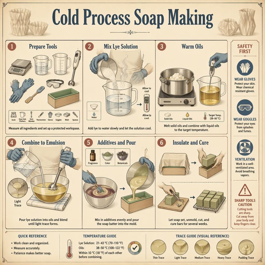 Vintage-style infographic showing 6 step cold process soap making diagrams with tools, safety callouts, arrows, and muted colors.