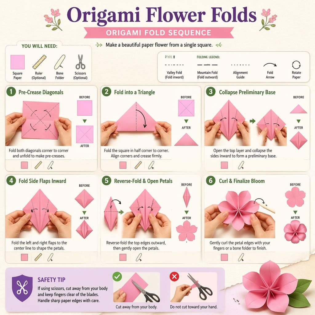 Pastel craft infographic with 6 numbered origami flower fold diagrams, hand positions, arrows, symbols, captions, and tool icons.