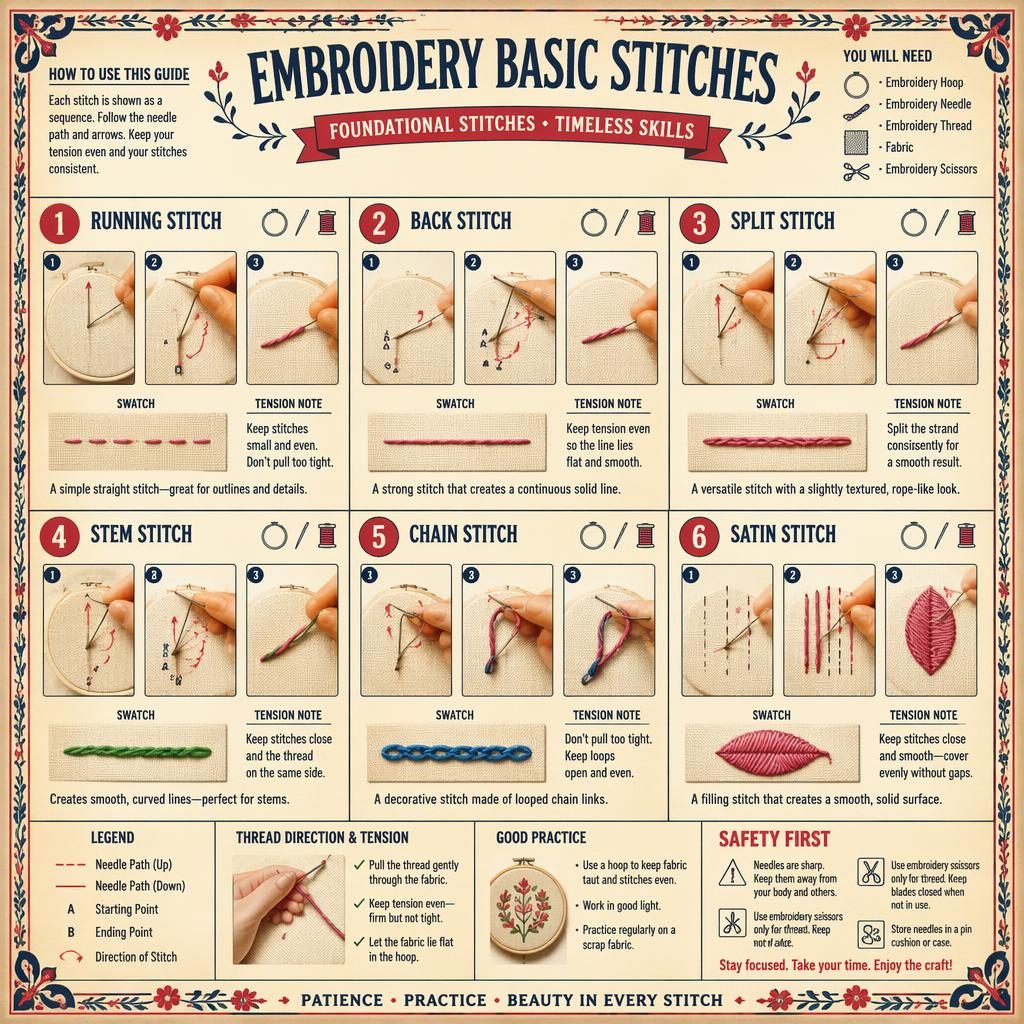 Vintage-style embroidery infographic with 6 numbered stitch diagrams, hands, hoop, needle, arrows, captions, and safety tip