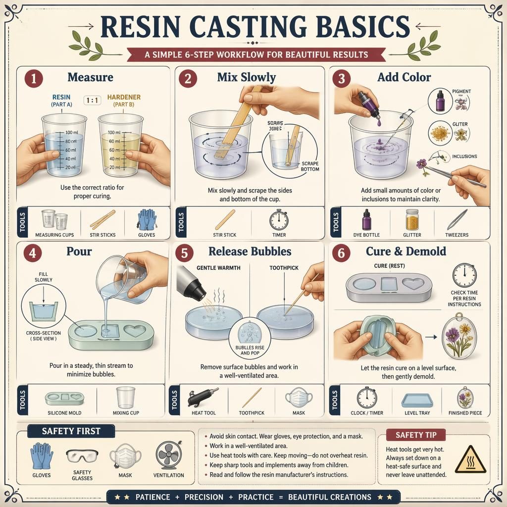 DIY infographic showing 6 resin casting steps with diagrams, hand positions, tool icons, and a safety panel on cream background.