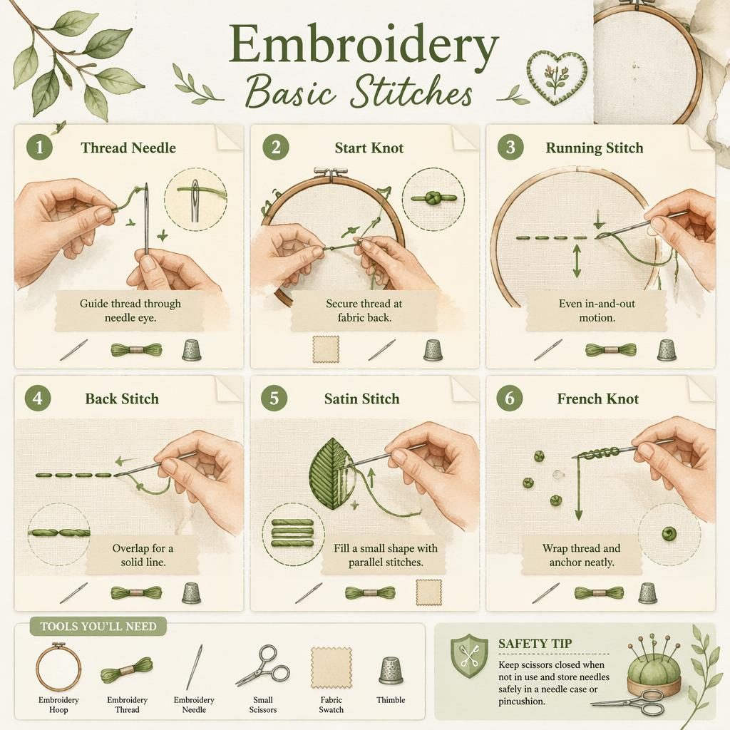 Watercolor embroidery infographic with 6 numbered stitch steps, hand diagrams, tool icons, arrows, and a needle safety tip.
