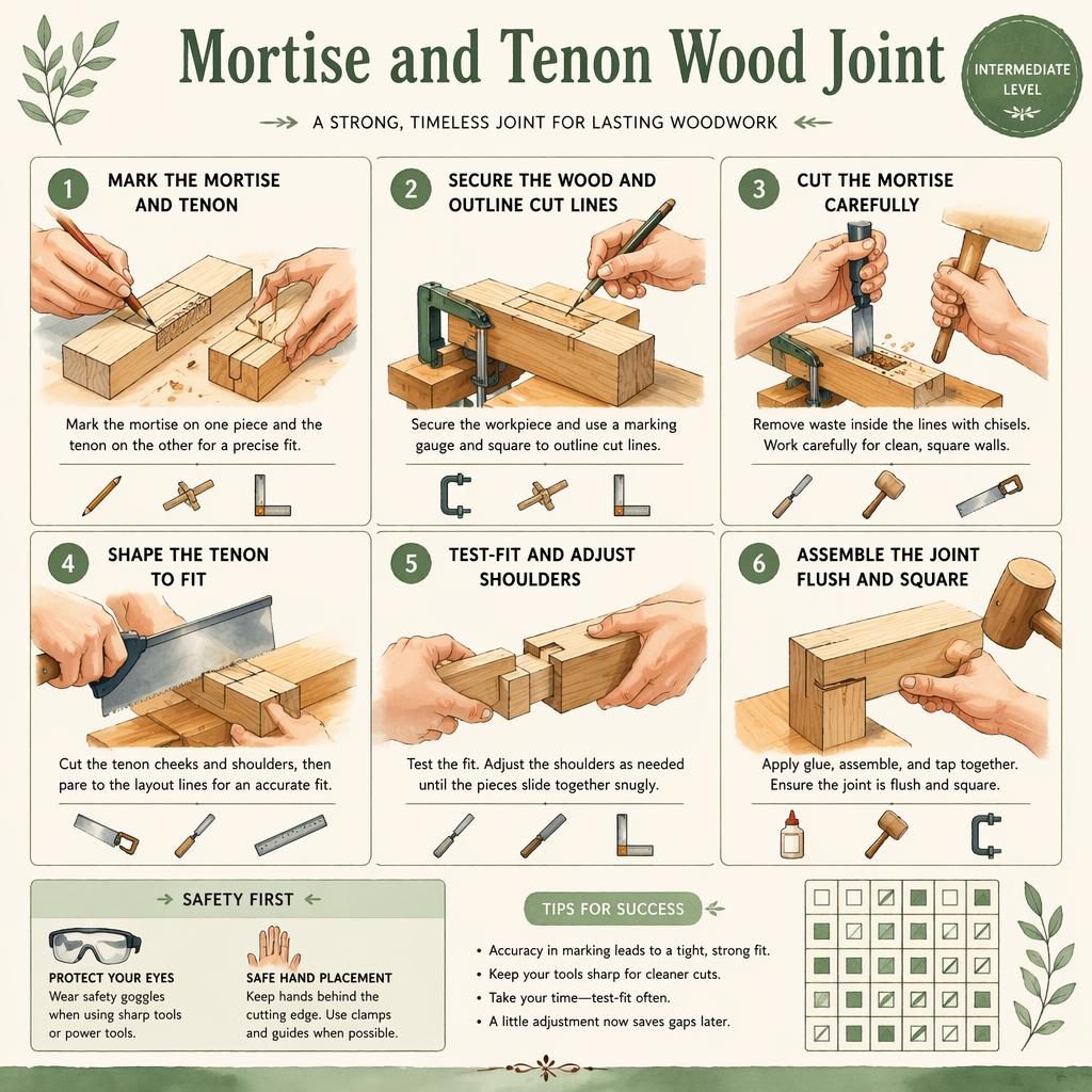 Watercolor DIY infographic showing 6 numbered steps for a mortise and tenon wood joint with tool icons and safety panel.