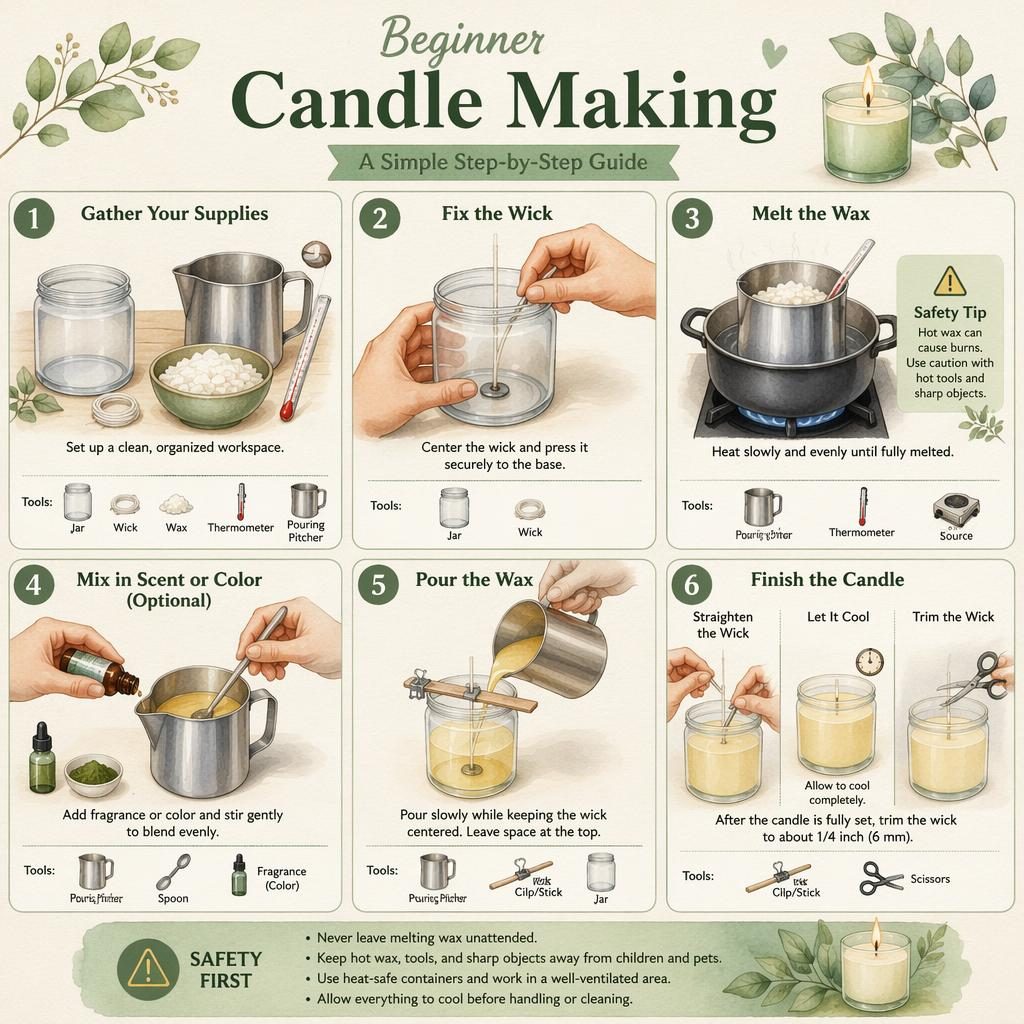 Watercolor DIY infographic with 6 numbered candle-making steps, tools, hands centering wick, pouring wax, and trimming wick.
