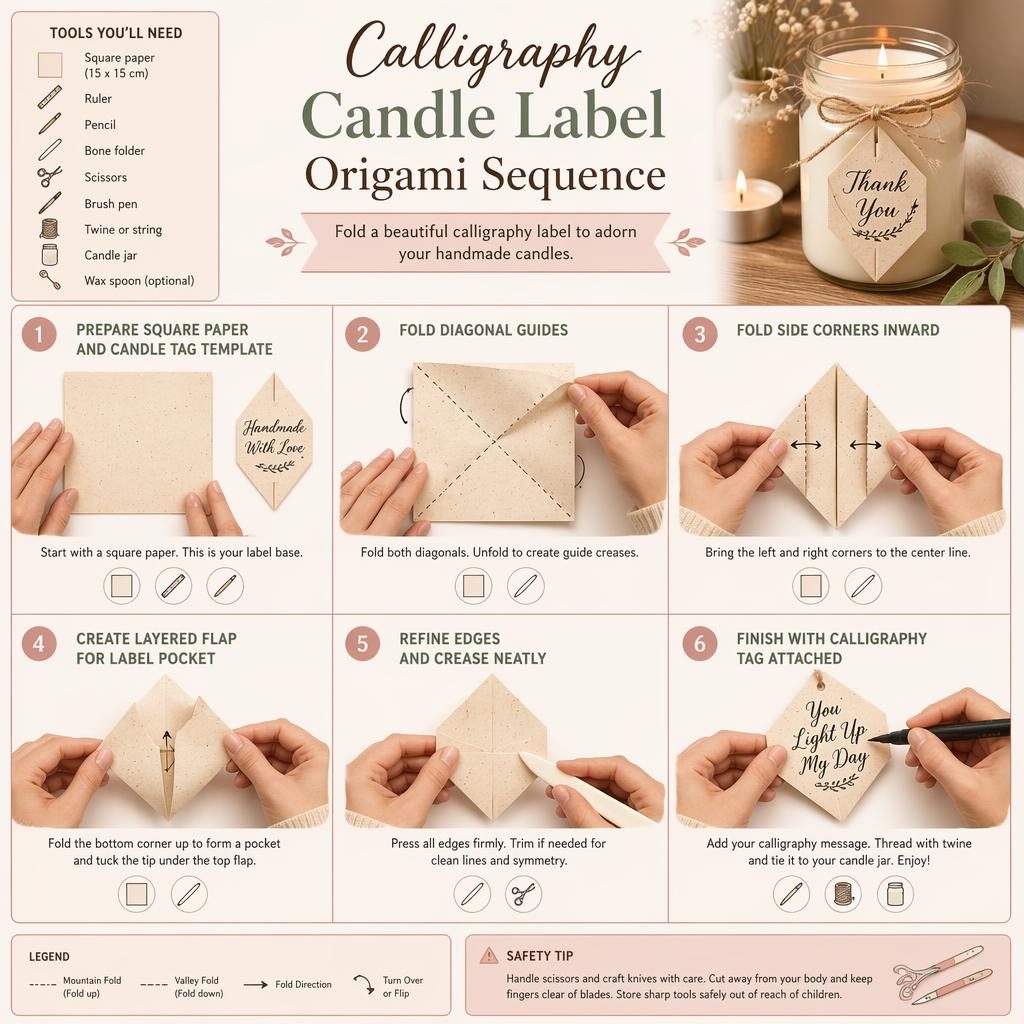 Pastel DIY infographic with 6 numbered origami steps for candle calligraphy labels, tool icons, hands, arrows, and safety tip.