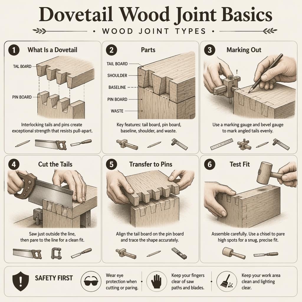 Minimal monochrome infographic with 6 numbered panels showing dovetail wood joint basics, diagrams, tool icons, hands, and safety tip.