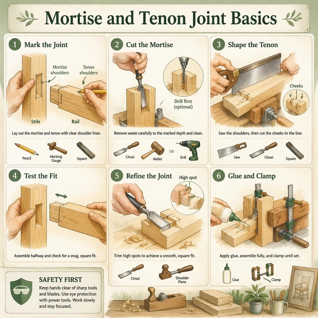 Watercolor woodworking infographic with 6 numbered steps showing mortise and tenon joint marking, cutting, fitting, refining, and clamping.