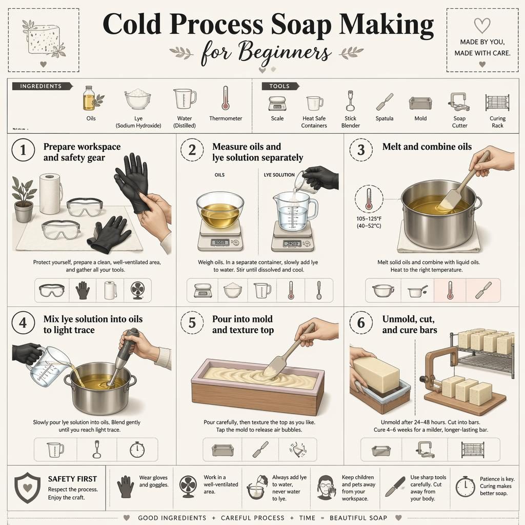 Minimalistische DIY-Infografik im Raster mit 6 Schritten zur Kaltverseifung, Werkzeug-Icons, Sicherheitshinweisen und Handdarstellungen.
