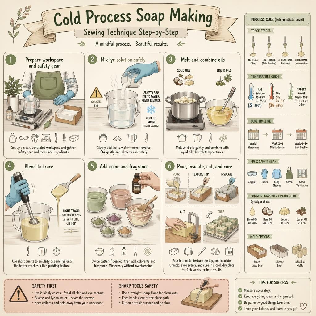 Sketchnote infographic of 6 cold process soap making steps with safety gear, lye mixing, oils, trace, additives, curing.