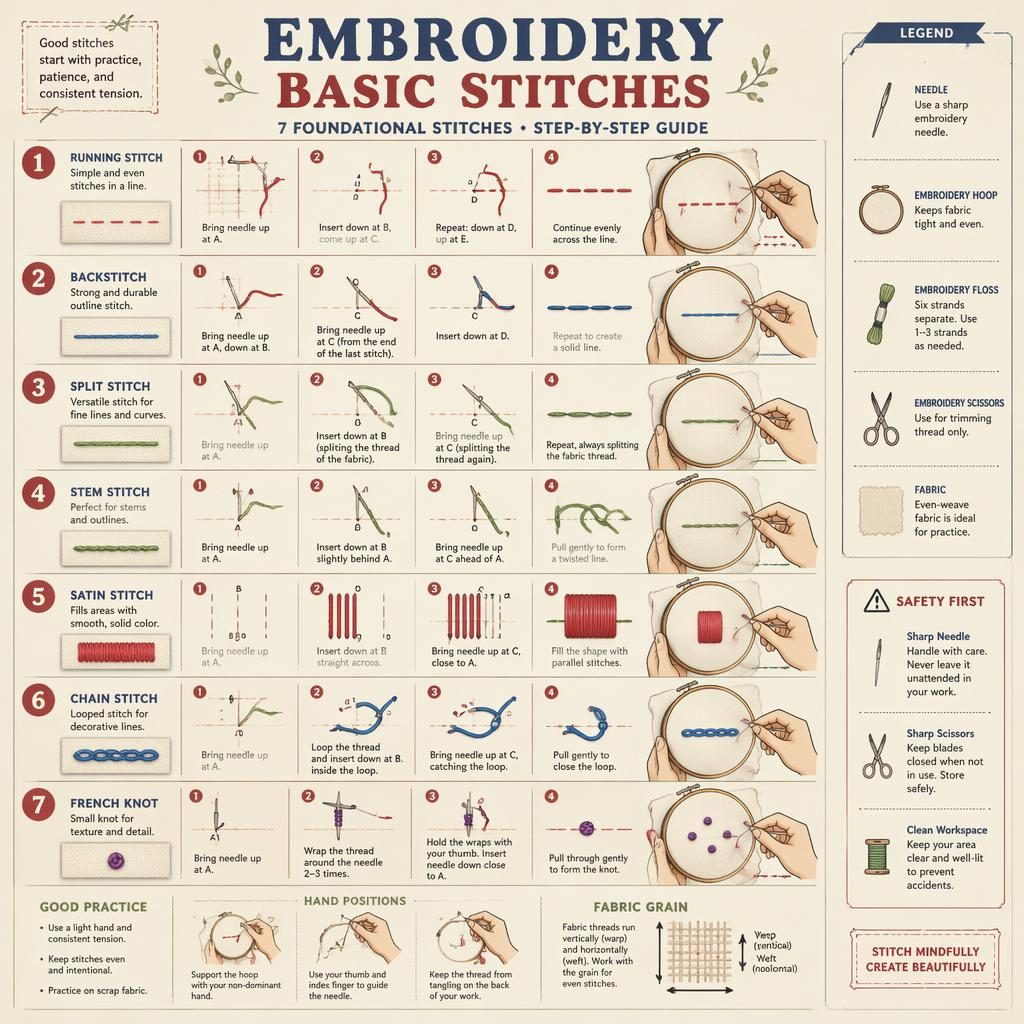 Vertical embroidery infographic poster showing 7 basic stitches with diagrams, hand positions, arrows, tools, and legend.
