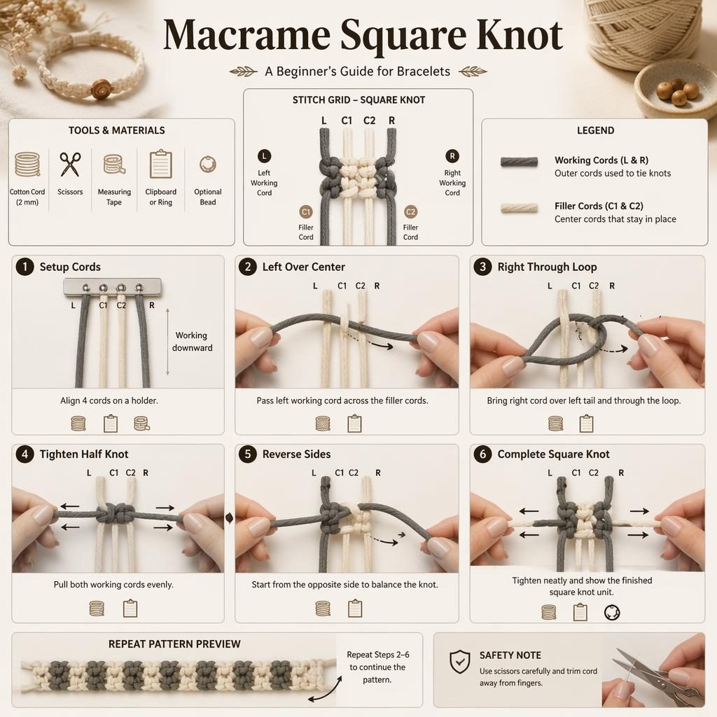 Infografía DIY de macramé con 6 pasos numerados, manos atando nudo cuadrado, flechas, cordones y pequeños iconos.