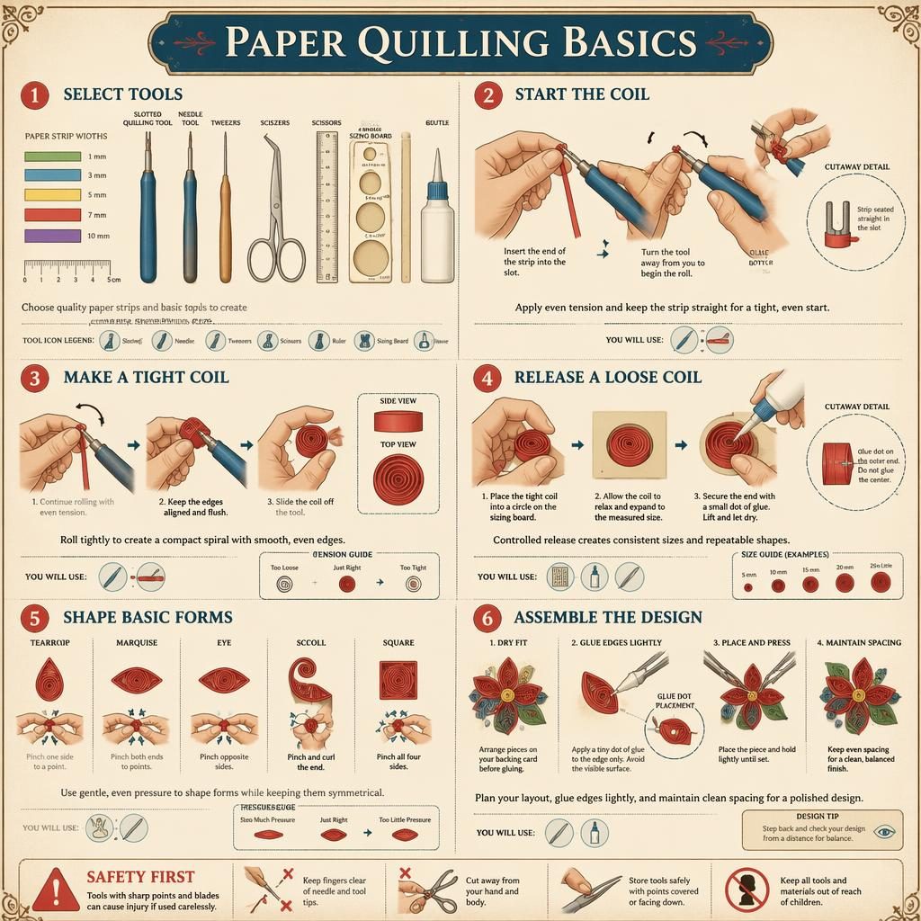 DIY infographic on paper quilling basics with 6 numbered steps, hand diagrams, quilling tools, shape guides, and safety note