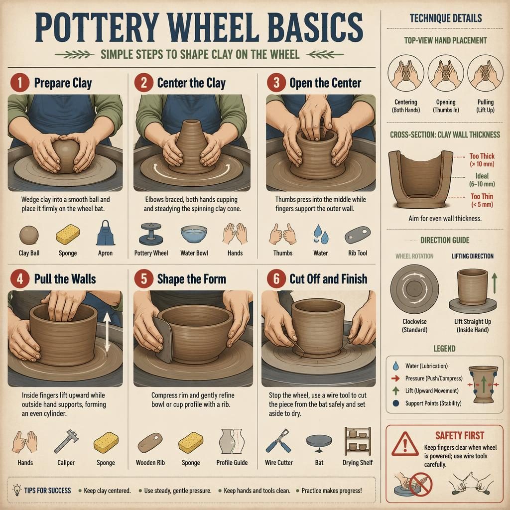 Beginner pottery wheel basics infographic with 6 numbered steps, hand diagrams, tool icons, safety callout, and schematic details.