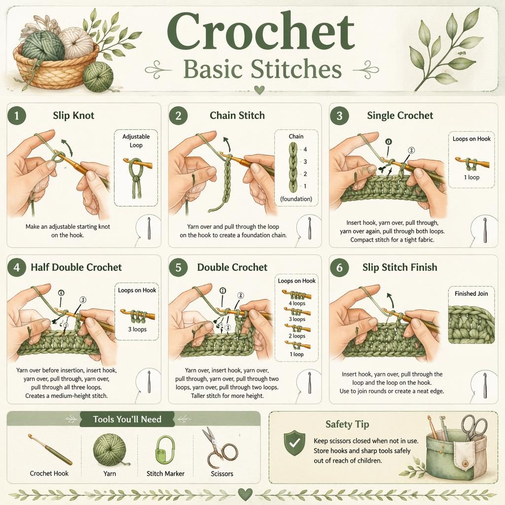 Watercolor crochet infographic with 6 numbered stitch steps, hand diagrams, arrows, tool icons, and a scissors safety tip.