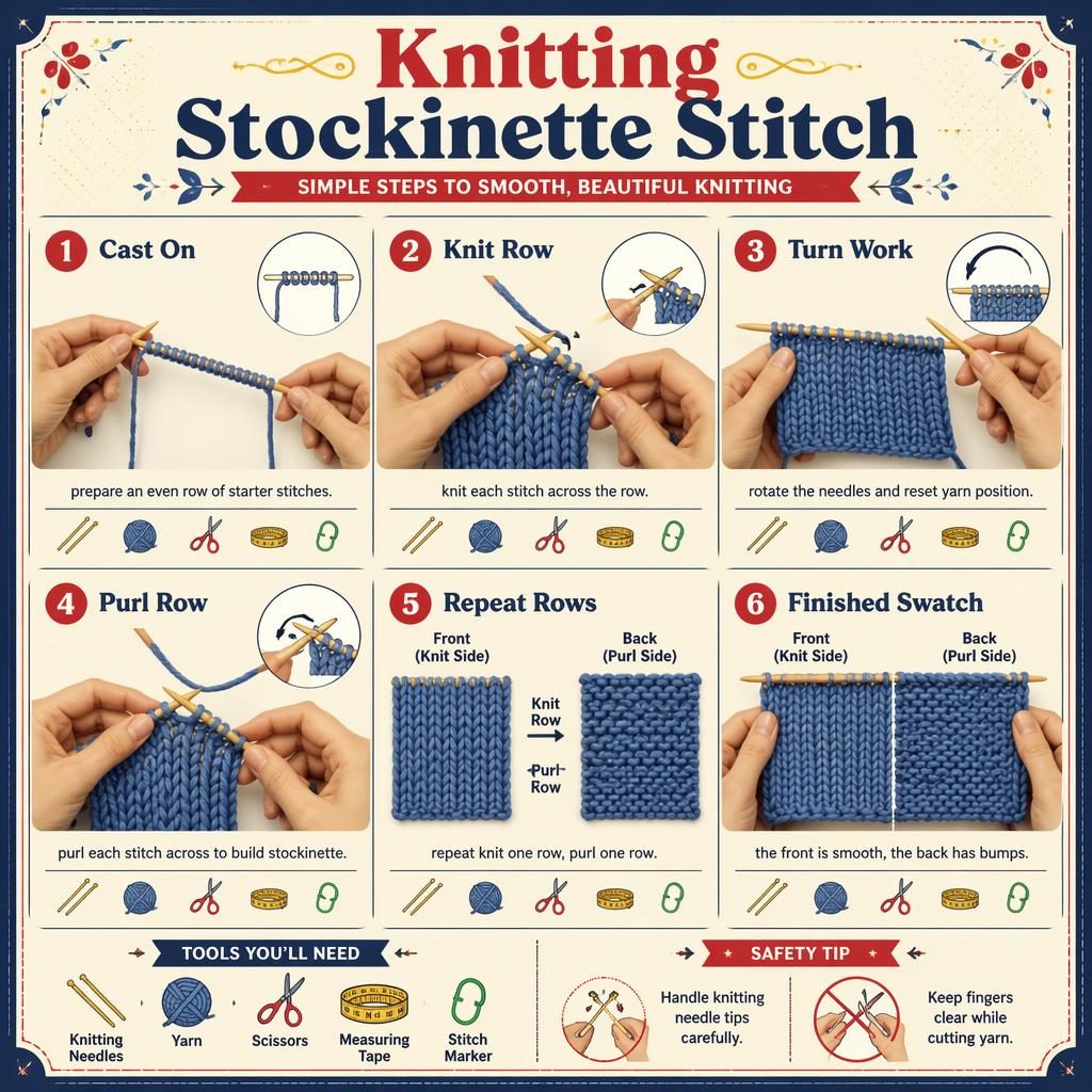 Vintage-style craft infographic with 6 numbered knitting stockinette stitch steps, tool icons, safety tip, and bold colors