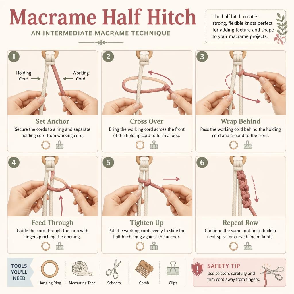 6-step macrame half hitch infographic with hands, cord diagrams, arrows, tool icons, and pastel craft-magazine layout