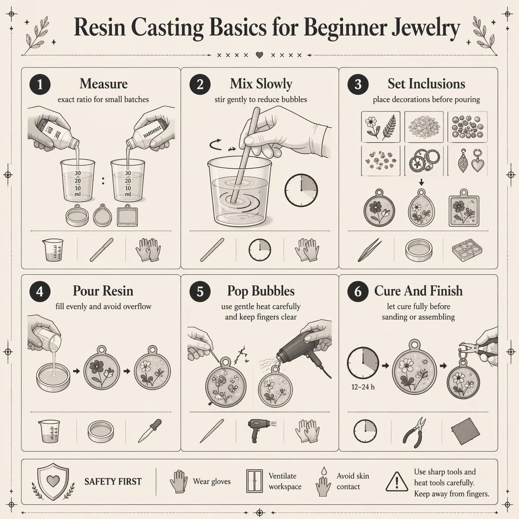 Monochrome 6-panel infographic showing beginner resin casting for jewelry, with measuring, mixing, pouring, bubbles, curing, and reused embellishments.